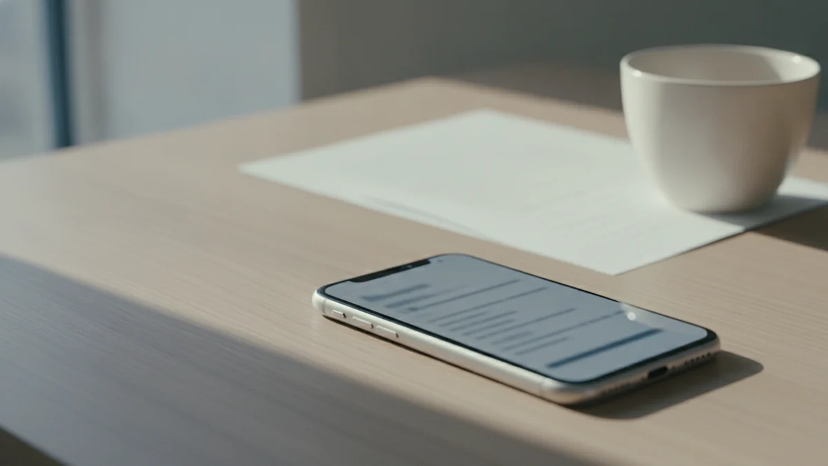 A smartphone on a desk displaying a PDF document