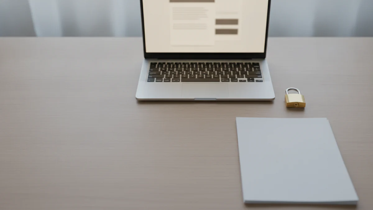 A laptop and a padlock on a desk, representing keeping PDF documents private