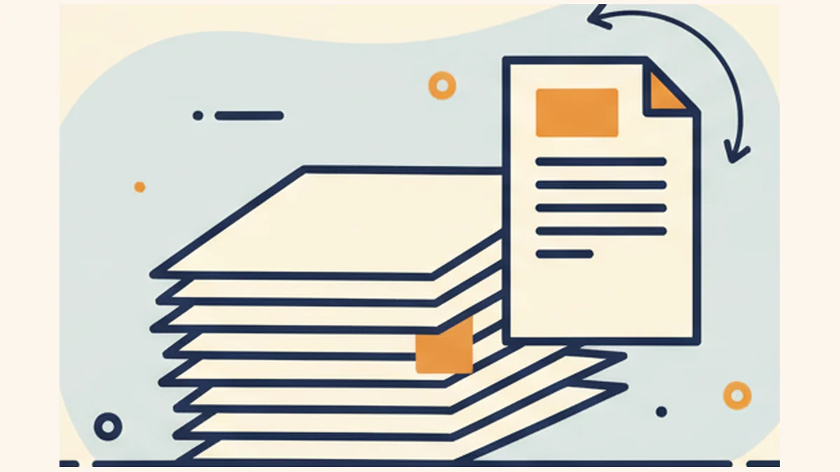 Illustration of PDF pages being rearranged, with one page lifted from the stack