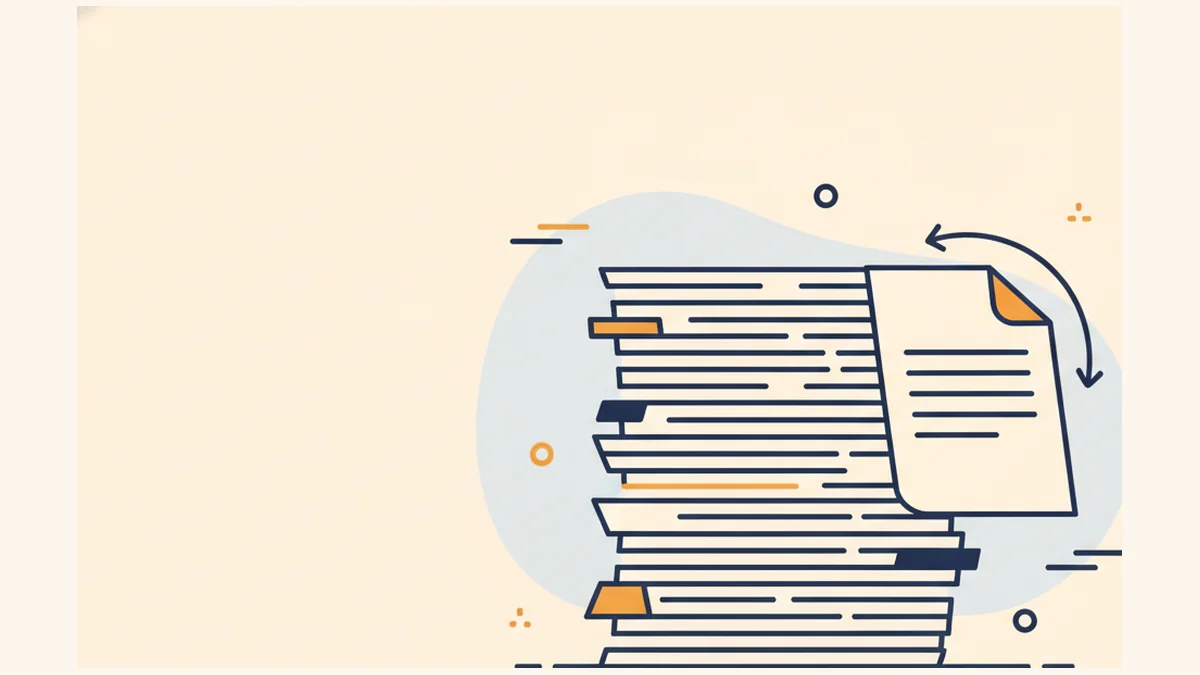 Illustration of PDF pages being rearranged, with one page lifted from the stack