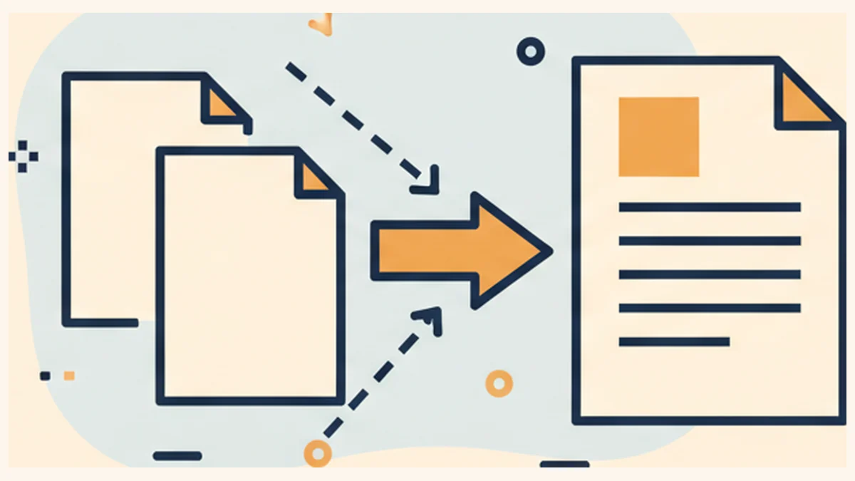Illustration of several PDF pages merging into one combined document